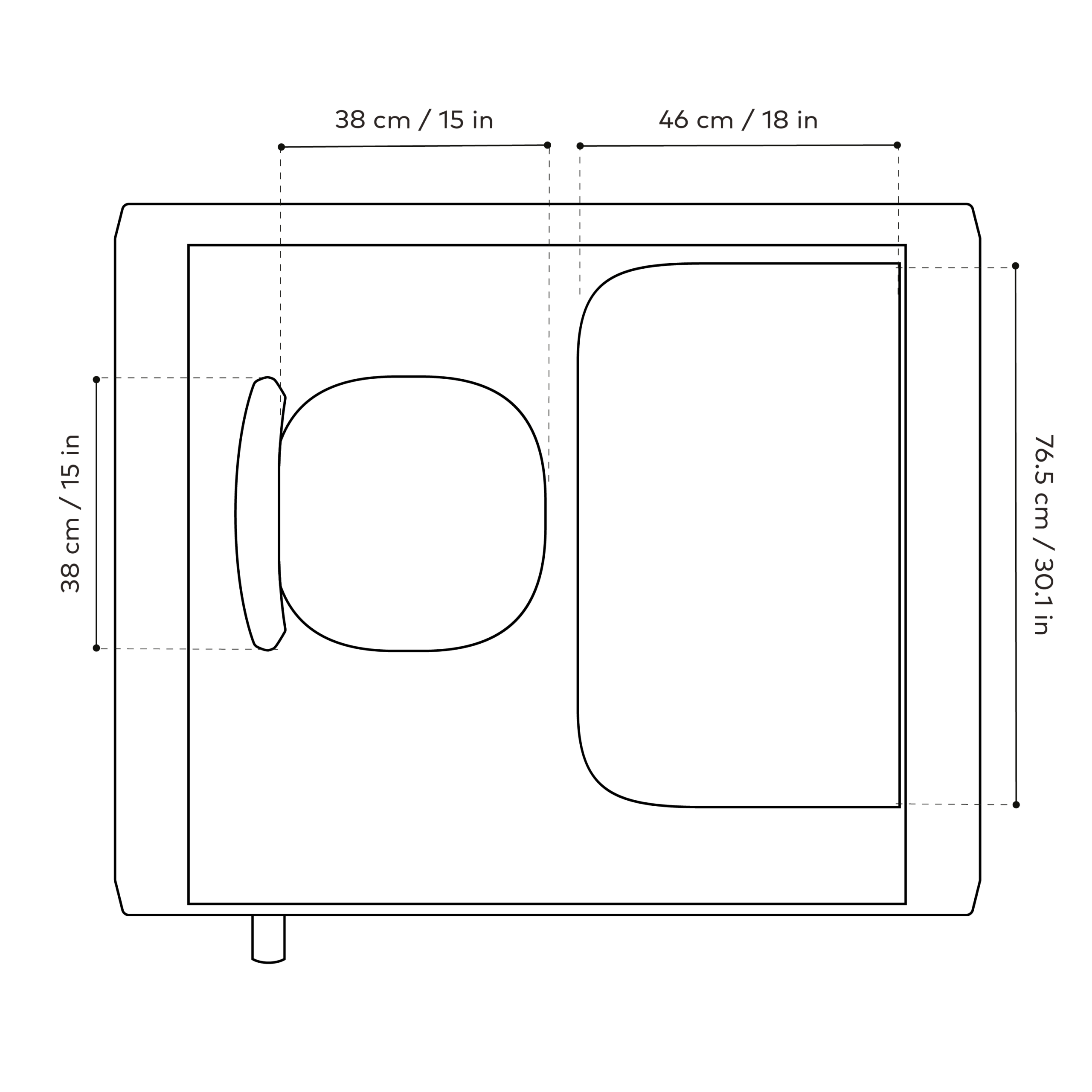 Framery One pod line drawing displaying dimensions in centimeters and inches. From top view.