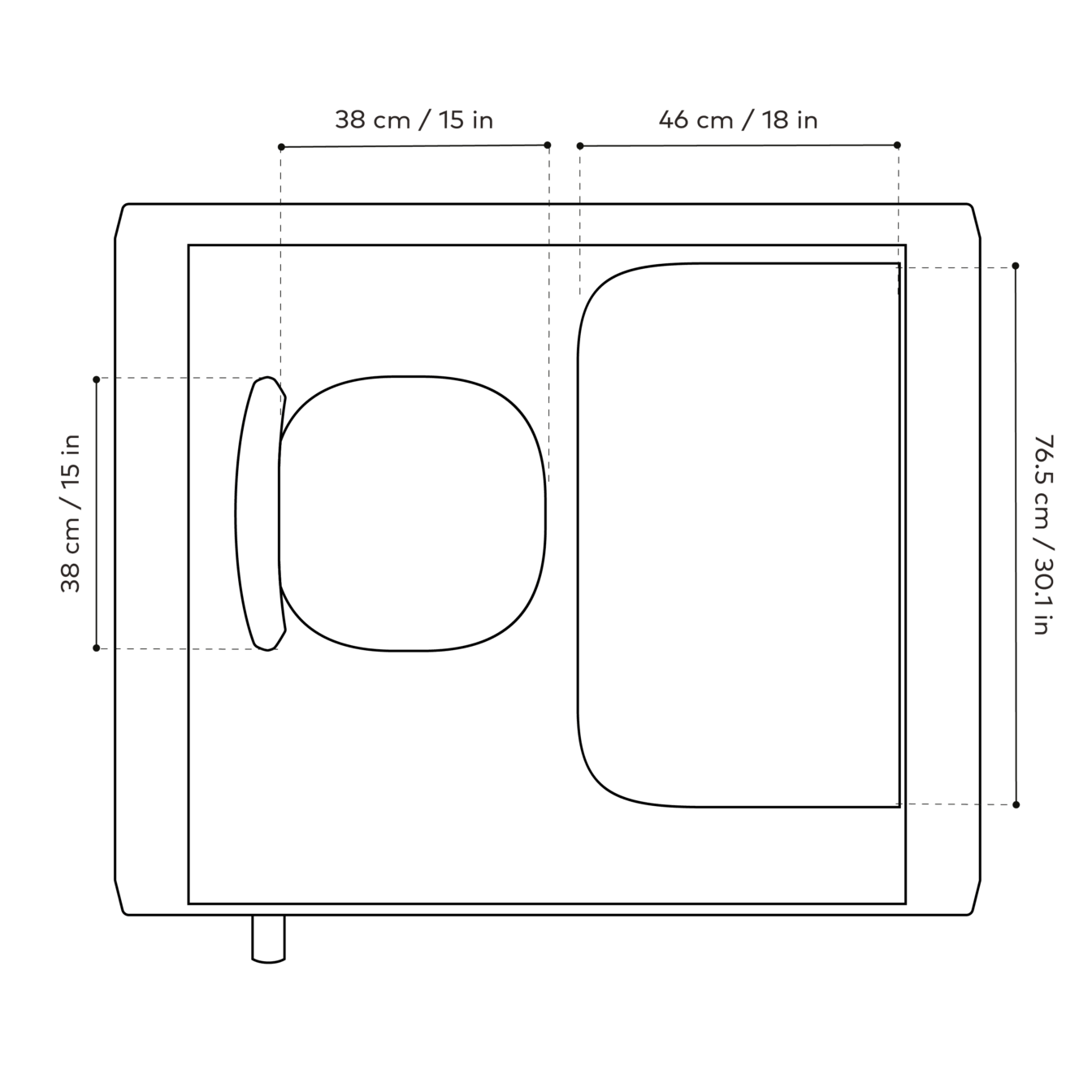 Framery One phone booth line drawings from top view. Illustrating dimensions in centimeters and inches.