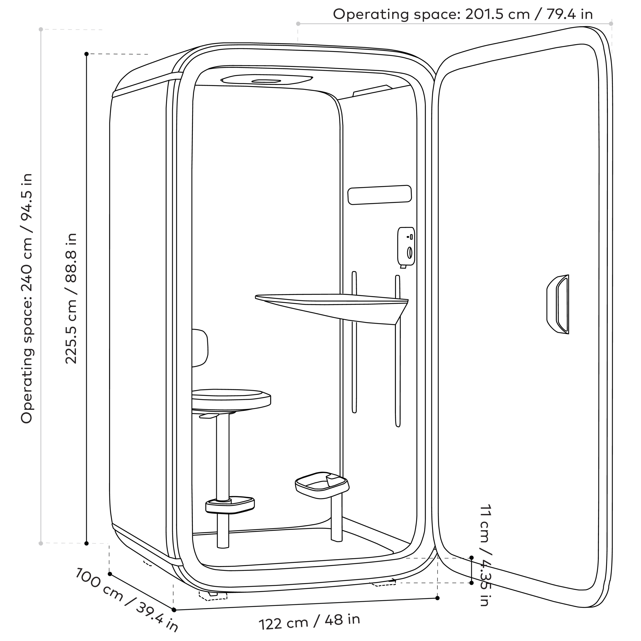 A Framery One pod with dimensions: height 225.5 cm, width 122 cm, depth 100 cm. Operating space requires 240 cm by 201.5 cm.