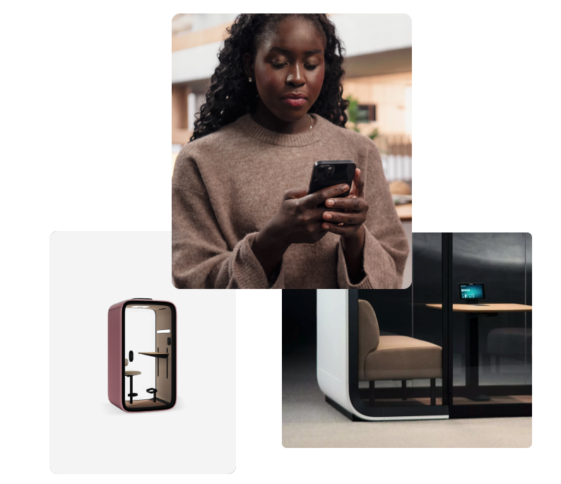 A person using a phone, a modern work pod interior with a chair and table, and an exterior view of a similar pod.