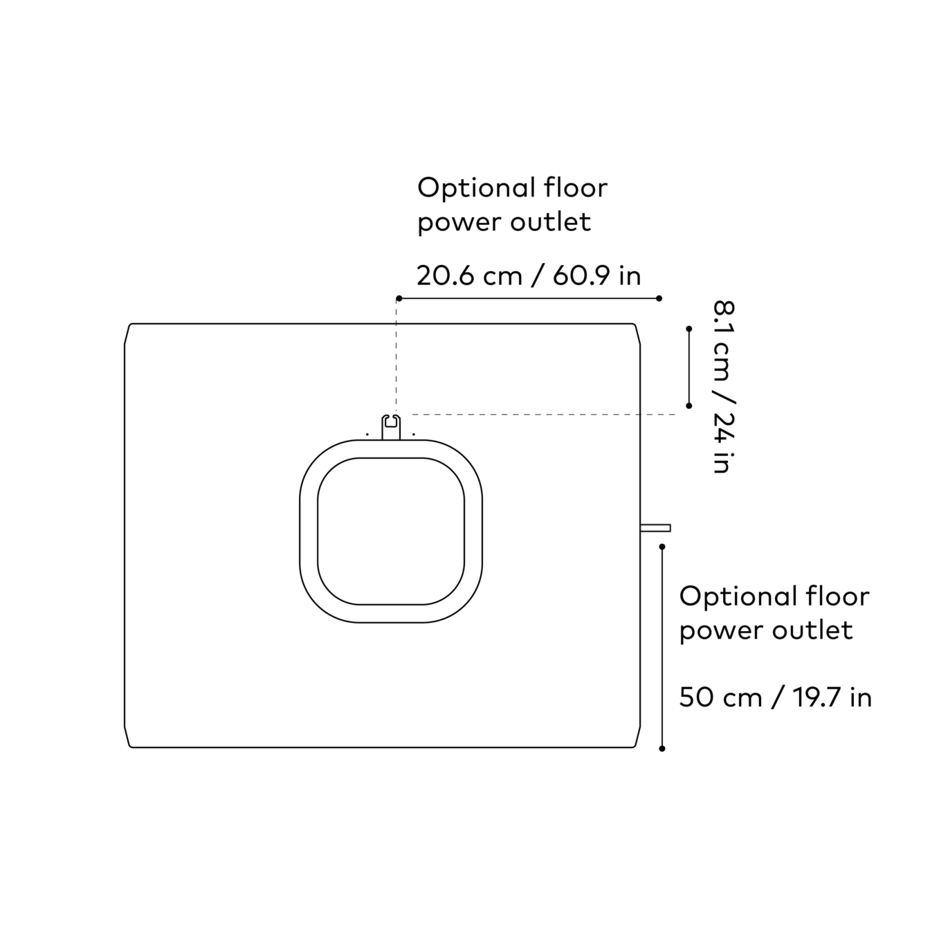 A line drawing of a Framery One pod from top view, with detailed measurements, including optional floor power outlet placements and dimensions in centimeters and inches.