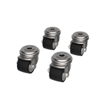 Four metallic swivel wheels with black rubber casters are arranged on a white circular background, designed for easy movement and industrial or furniture use.