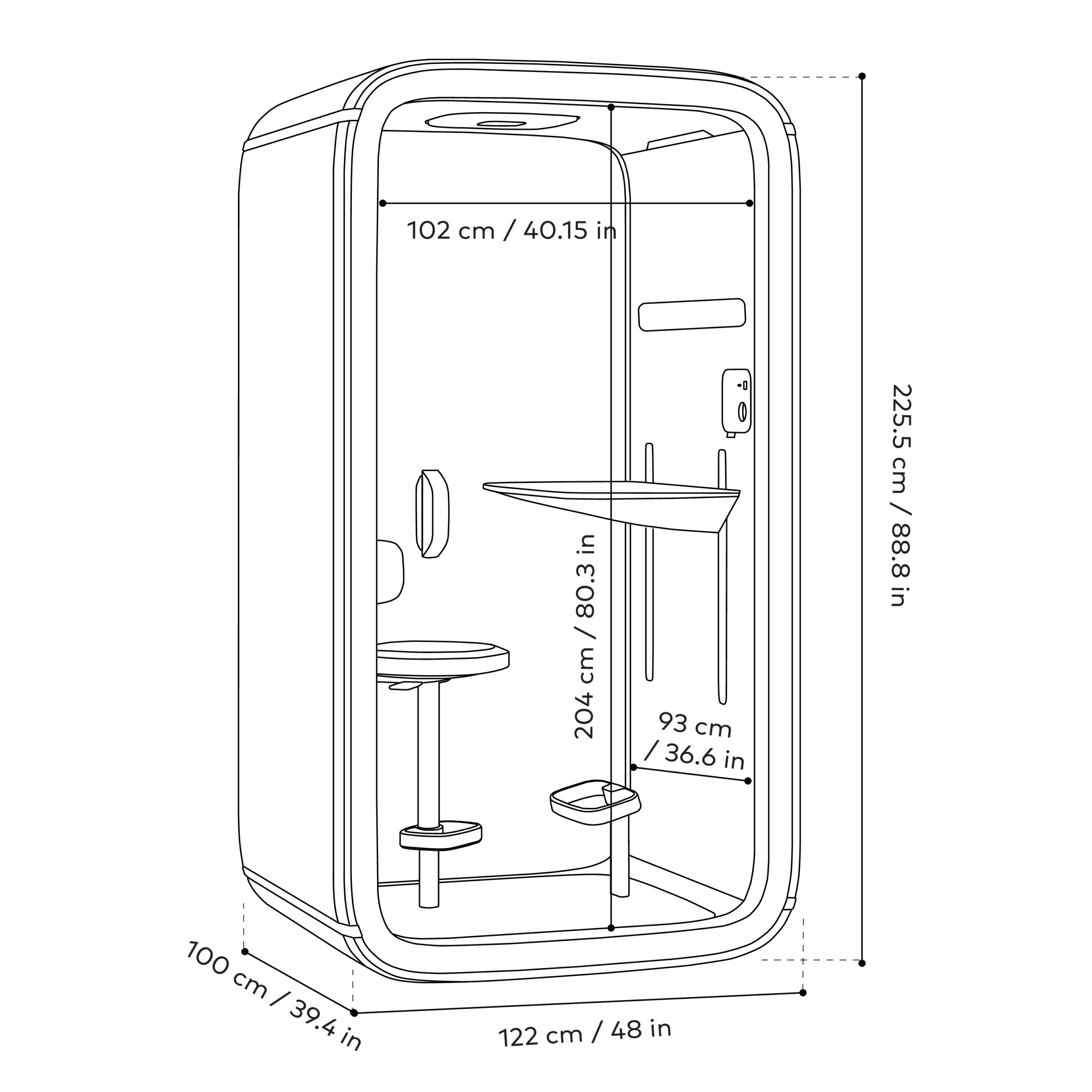 Framery One pod line drawing displaying dimensions in centimeters and inches. Includes measurements for height, width, and depth.