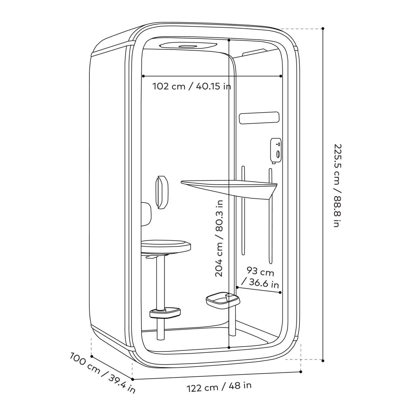Blueprint-style technical drawing of a Framery One smart pod, featuring labeled dimensions for height, width, and depth in both centimeters and inches.