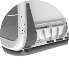 A close-up view of a modern treadmill's base, featuring a sleek design with visible cushioning and structural elements on a white background.