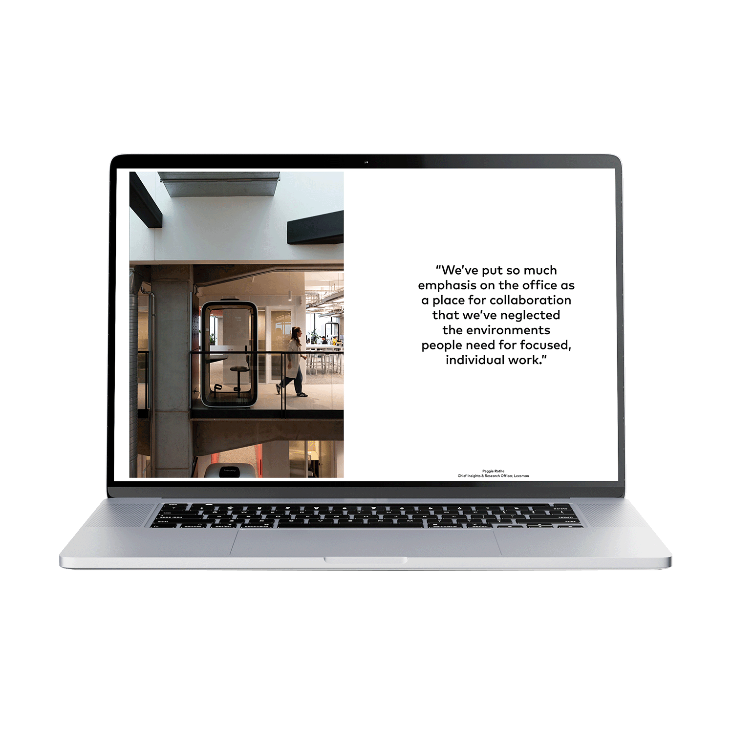Laptop displaying office interior with a person walking, next to a quote about work environments. Modern, collaborative workspace design visible.