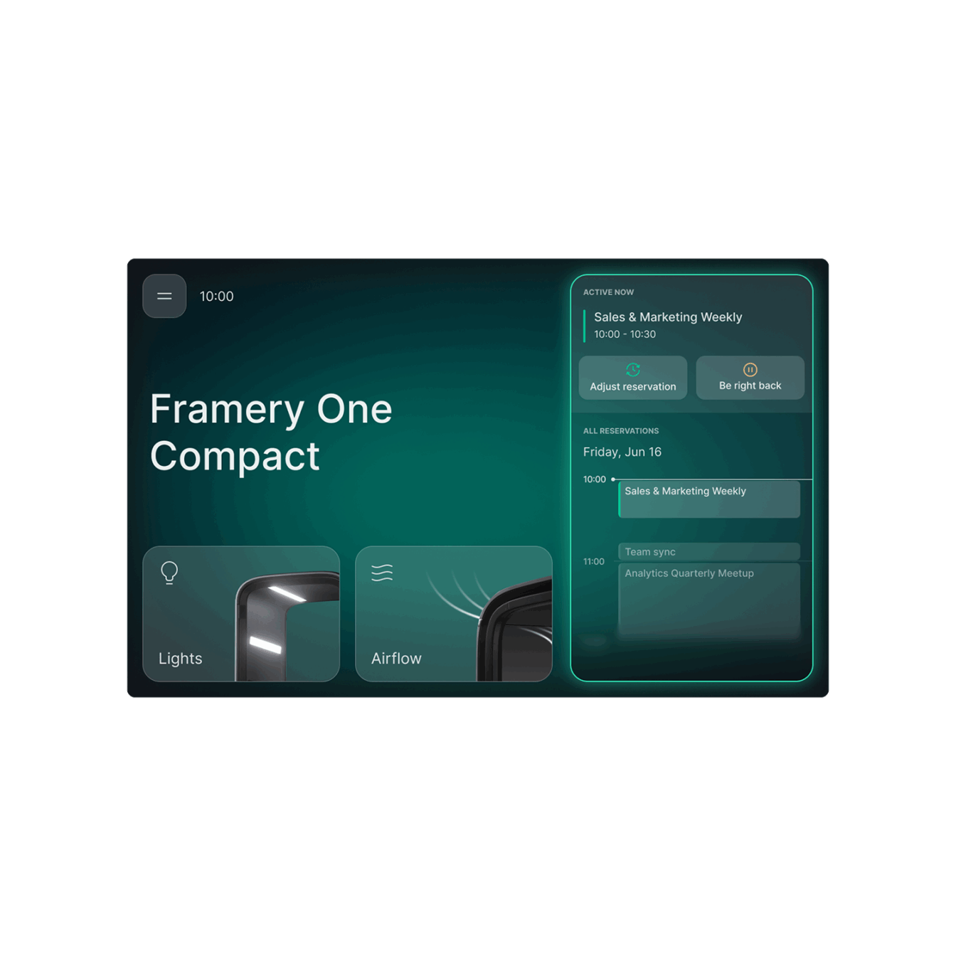 Digital interface displaying a schedule for "Framery One Compact." Features reservations, lighting, and airflow settings on a modern green-blue background.